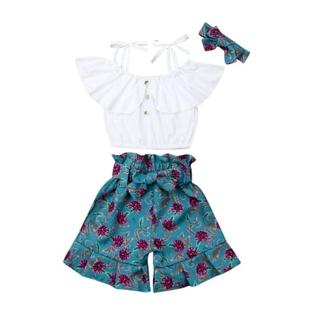 

Toddler Girl Vintage Outfits 3PCS Baby Girl Off Shoulder Halter Crop Top+Floral Shorts Skirts+Headband Summer Clothes Set