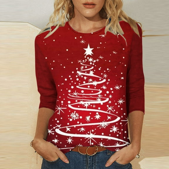 Wancir Christmas 3/4 Sleeve Tops for Women Crewneck Fashion 2024 Casual Plus Size Funny Graphics Fall Shirt