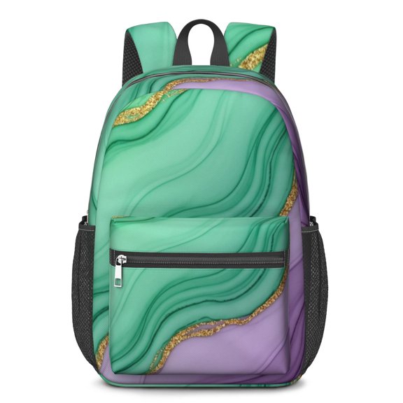 Green and Purple Marble Pattern 17" Waterproof Oxford School Backpacks for Teens, S-Shape Padded Straps, for School, Travel, Hiking, Camping