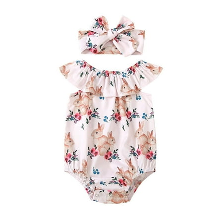 

Odeerbi Baby Bodysuit Layette Onesies for Toddler Sleeveless Romper Easter Bunny Flower Print Headband Two-piece Children s Clothing Pink