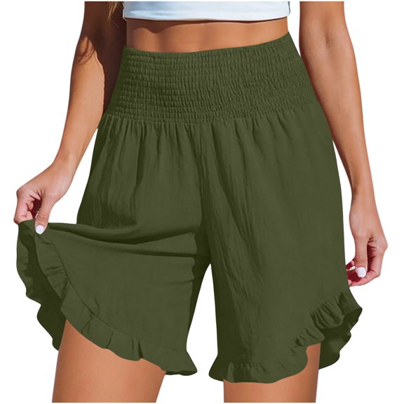 AUNVITO Women's High Waist Elastic Waist Shorts with Ruffle Hem and Two Pockets Casual Comfortable Style