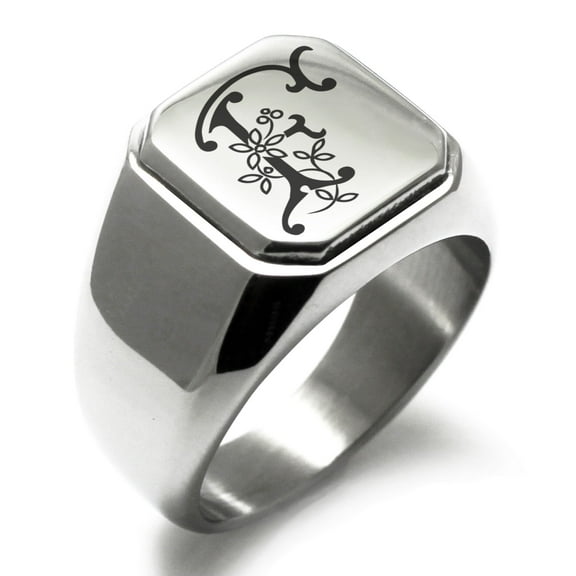 Stainless Steel Letter F Initial Floral Monogram Engraved Engraved Square Flat Top Biker Style Polished Signet Ring