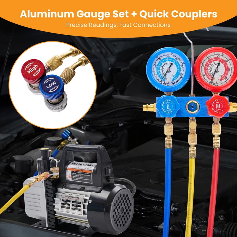 Gianna 110V 1/3 HP 4CFM Single Stage Vacuum Pump Kit with R134a Manifold Gauge Set, Leak Detector, 1/4" Hoses & Carry Bag for HVAC AC Refrigeration, ETL Listed (Black)