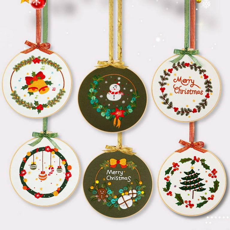 13 Pieces Christmas Ornament Kit, Including 6 Pieces 3 inch Embroidery Hoop,  Bows and Twine for DIY Craft Christmas Decoration 