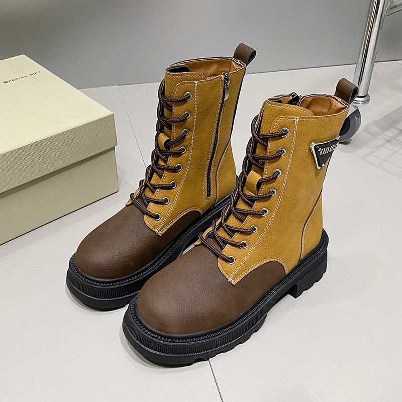 Minimalist Front Lace up Combat Boots New Chunky Heel Platform Women Boots British Style Thick Sole Increase Height Casual Boots