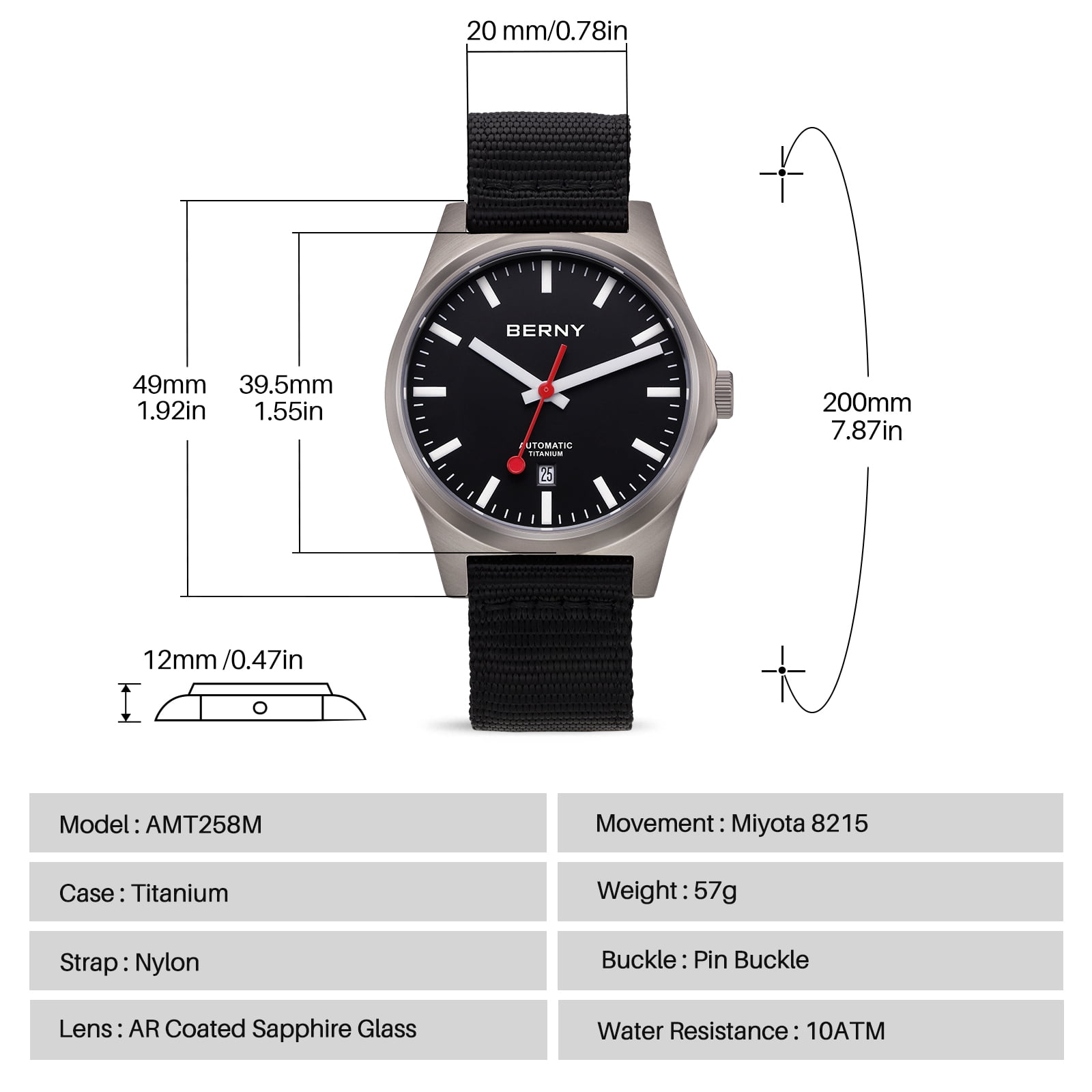 BERNY Automatic Titanium Watches for Men, Sport Casual 10ATM Waterproof Analog Mechanical Watch with Date, Nylon Strap, Super Luminous, Sapphire Crystal, Fashion Minimalist Wrist Watch (Black)