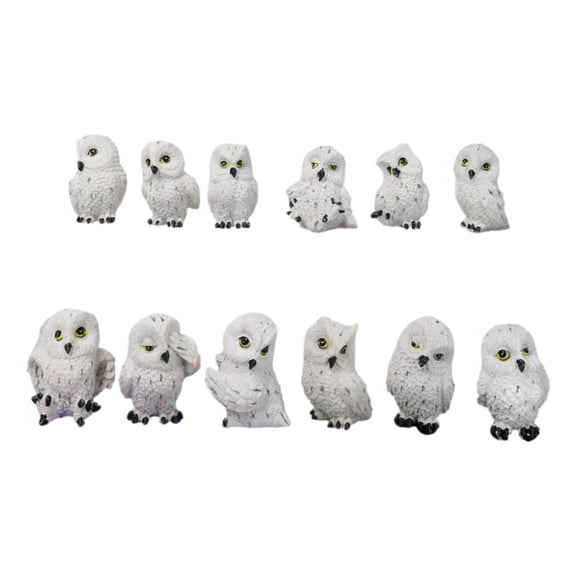 Set Of 12 Wisdom Of The Tundra Forest Arctic Snow White Owls Mini Figurines