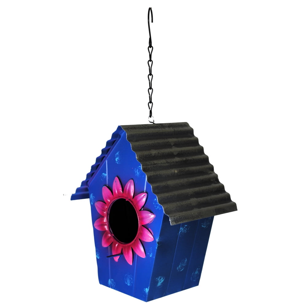 Metal Bird House with Tin Roof and Flower Blue/Pink