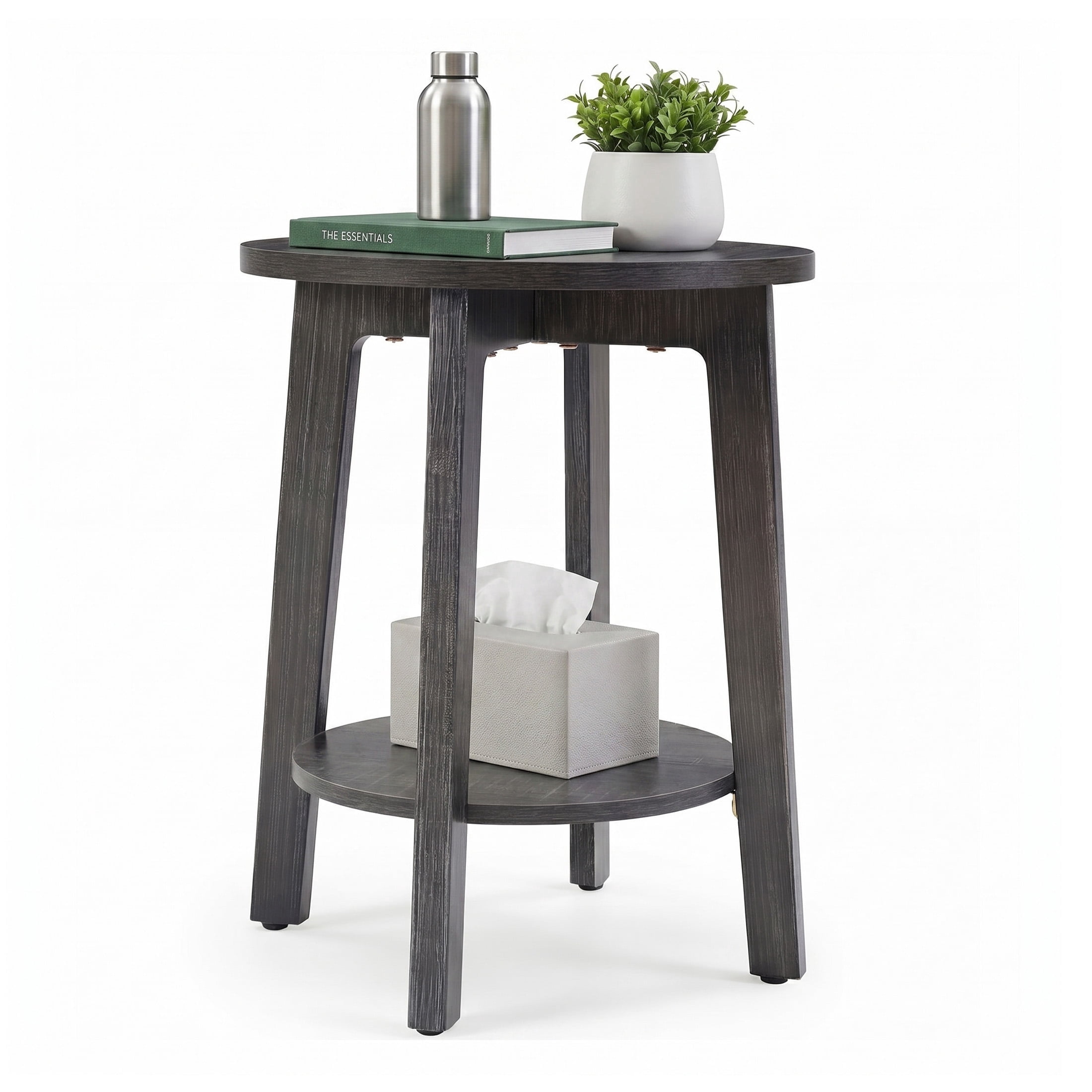 EDX Small Round End Table, Modern Nightstand with Tapered Legs, 2-Tier Storage Side Table, Easy Assembly, Space-Saving Accent Table for Living Room Bedroom, Grey