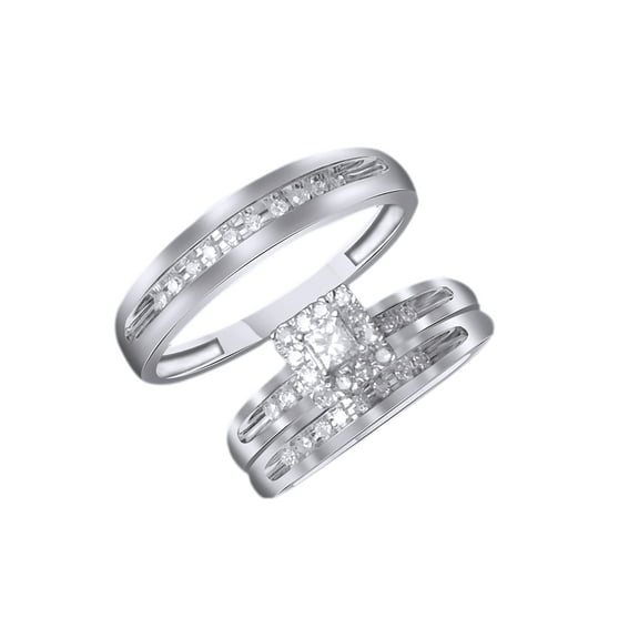 AFFY White Natural Diamond Engagement & Wedding Trio Bridal Ring Set In 10k White Gold (0.35 Cttw)