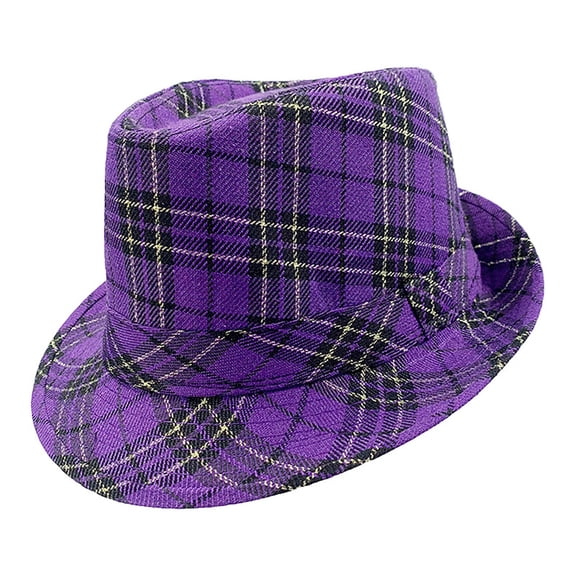 AJGRHE Jazz Style Purple Bowler Hat with Checkered Print Suitable For Party Carnival Performances Mardi Gras Fedora Hat, Plaid Party Hat for Men and Women Purple One Size