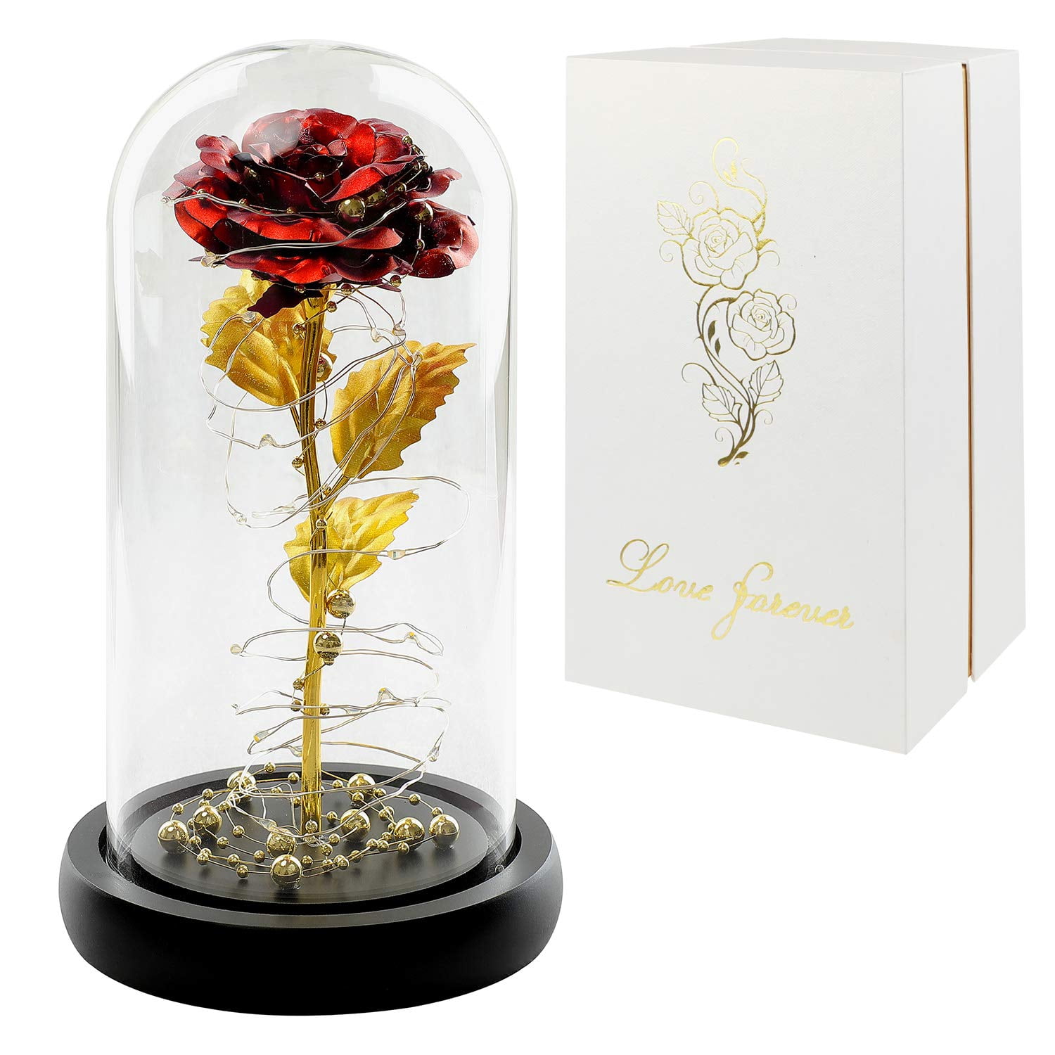 Nice Forever Love Gifts Glass Covered Preserved Flower Red Rose /w Light shus 