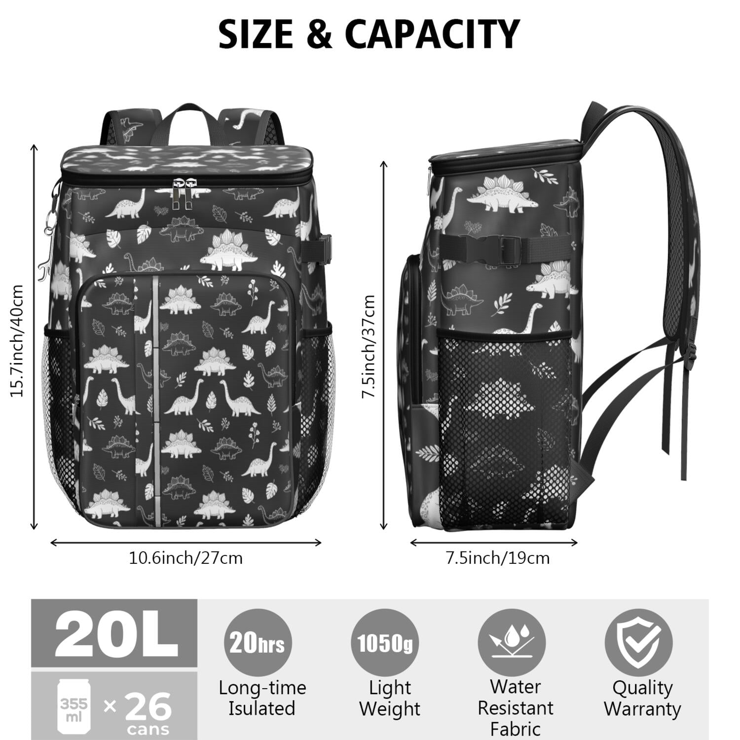 Travel Cooler Bag - Black White Dinosaur Skeletons Bold Camping Beer Cooler Backpack with Bottle Opener- Waterproof Insulated Picnic Backpacks - Cooler Bag for Beach