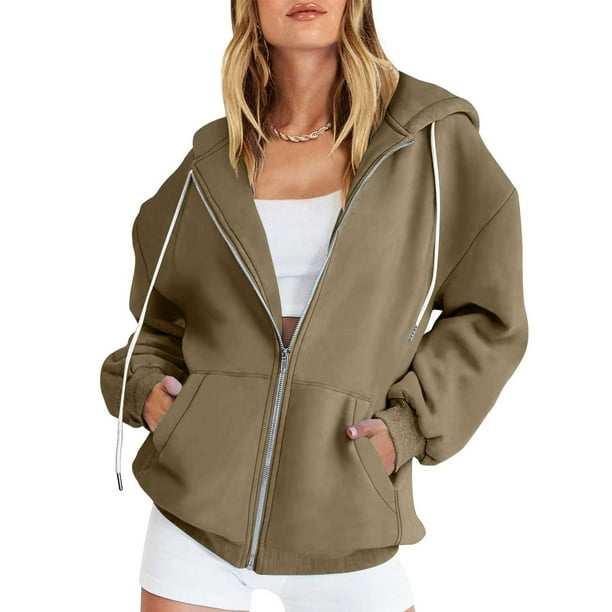 ICHUANYI Clearance Women's Fashion Casual Color Zip Hood Long Sleeve Pocket Jacket Blouse(Army Green, L) ICHUANYI WER2023080808658