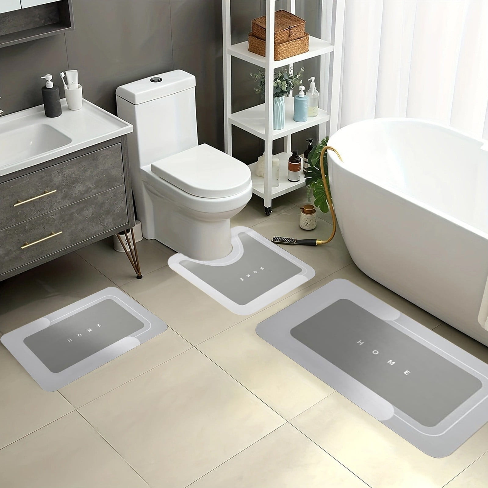 Tuvgenk Bathroom Mat Sets 3 Piece Gray Non Slip Bathroom Rug Sets Quick Drying Machine Washable U Shaped Absorbent Floor Mats for Home