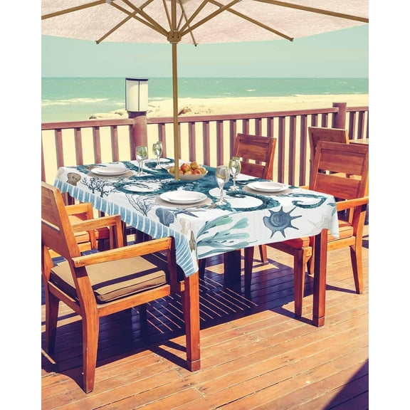 Coastal Sea Octopus Outdoor Tablecloth - 60x102 Inch Rectangle Dining Table Cover, Summer Beach Coral Nautical Ocean Waterproof Outdoor Table Cloth with Umbrella Hole & Zipper for Patio