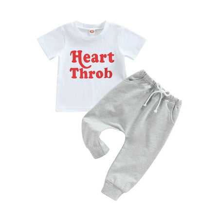 

Frobukio Valentine s Day Toddler Baby Boys Clothes Sets Short Sleeve Letter Print T-Shirt Elastic Waist Long Pants White 0-6 Months