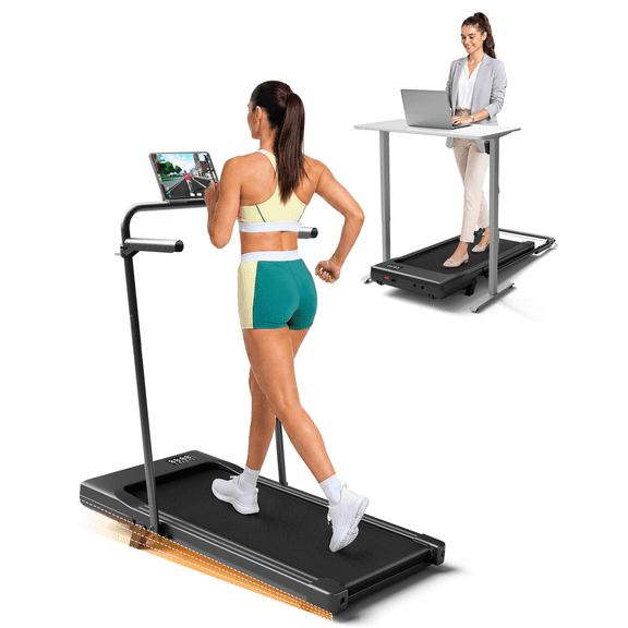 SSPHPPLIE 300LBS Capacity Walking Pad with Handrail and Tablet Holder, 6% Incline Under Desk Treadmill for Home Office, Quiet Portable Mini Treadmill with App & Remote Control, No Assembly