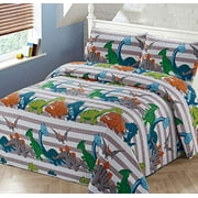 Luxury Home Collection 2 Piece Twin Size Quilt Coverlet Bedspread Bedding Set for Kids Boys Toddlers Dinosaur Blue White Green Orange Gray