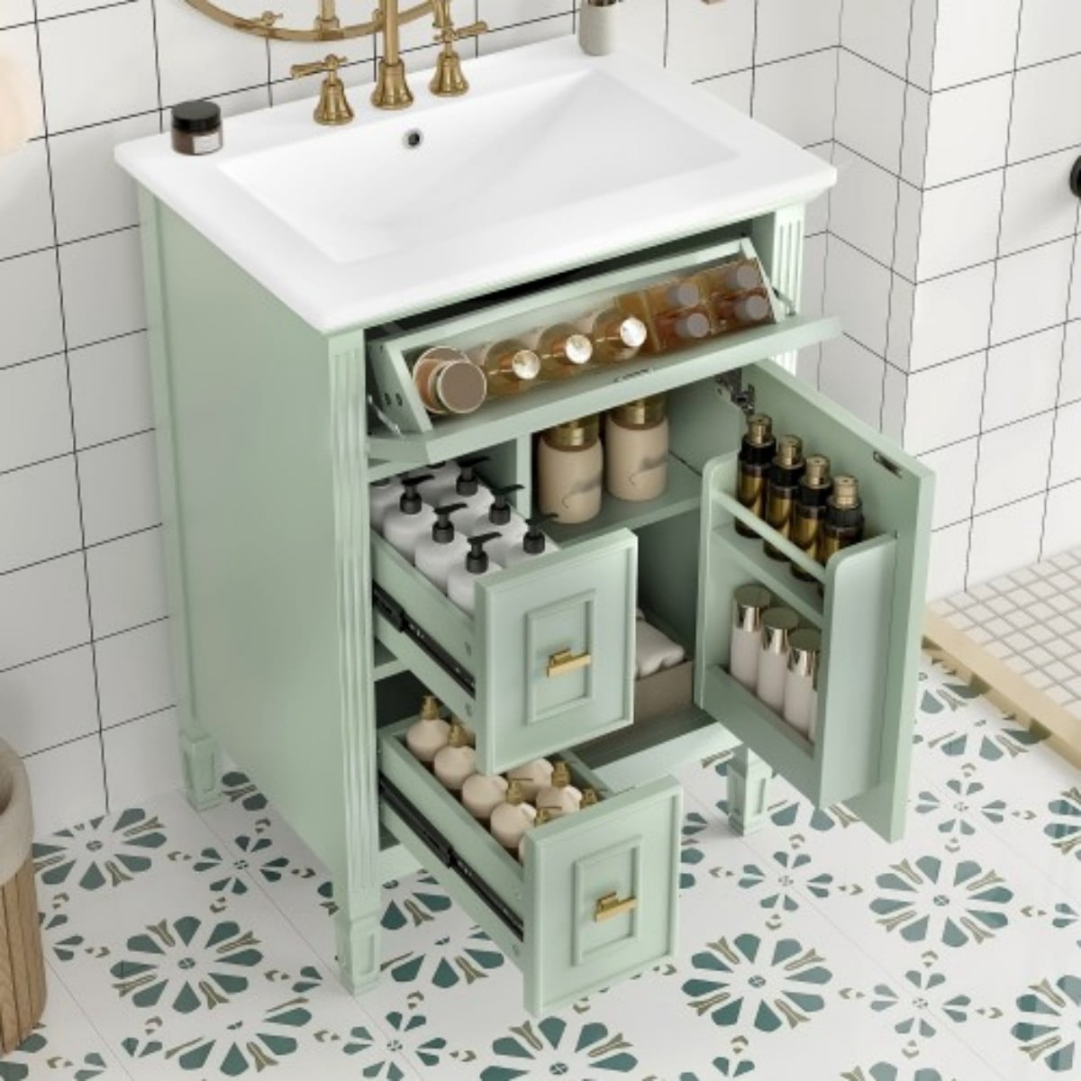 24" Bathroom Vanity with Sink, Modern Bathroom Cabinet with Ceramic Undermount Sink, Solid Wood & MDF Storage Cabinet with Flip Drawer, Adjustable Shelf, Light Green