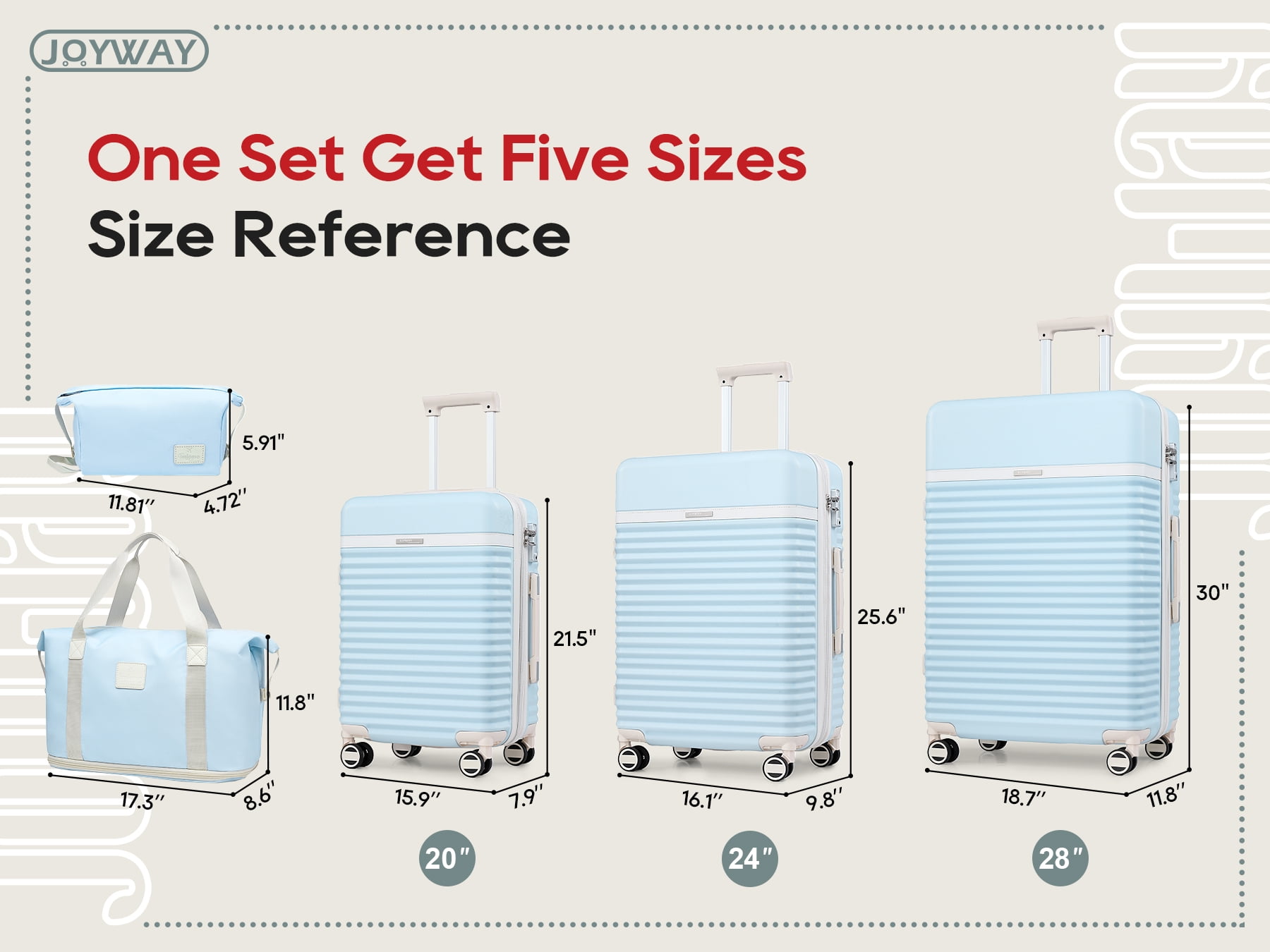 "Joywayus ABS Hard Shell Expandable 5-Piece Luggage Set - 360° Spinner, 20"", 24"", 28"" Sizes - Blue"