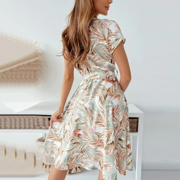 Women's Ruched Hem Midi Dress Floral Printed Casual Deep V Neck Short  Sleeve Loose Fit A-Line Bandage Summer Dress 