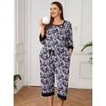 thumbnail image 2 of SHOWMALL Womens Plus 2 Piece PJS Soft Floral Sleepwear 3/4 Sleeve Top and Waisted Adjustable Capri Pants with Pockets Tricolor Blossoms 3X, 2 of 9