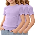 thumbnail image 3 of KyCheLot 3 Pack Ribbed Knit Tops for Girls Crew Neck Solid Color Short Sleeve T-Shirts Trendy Ruffle Trim T-Shirts, 3 of 7