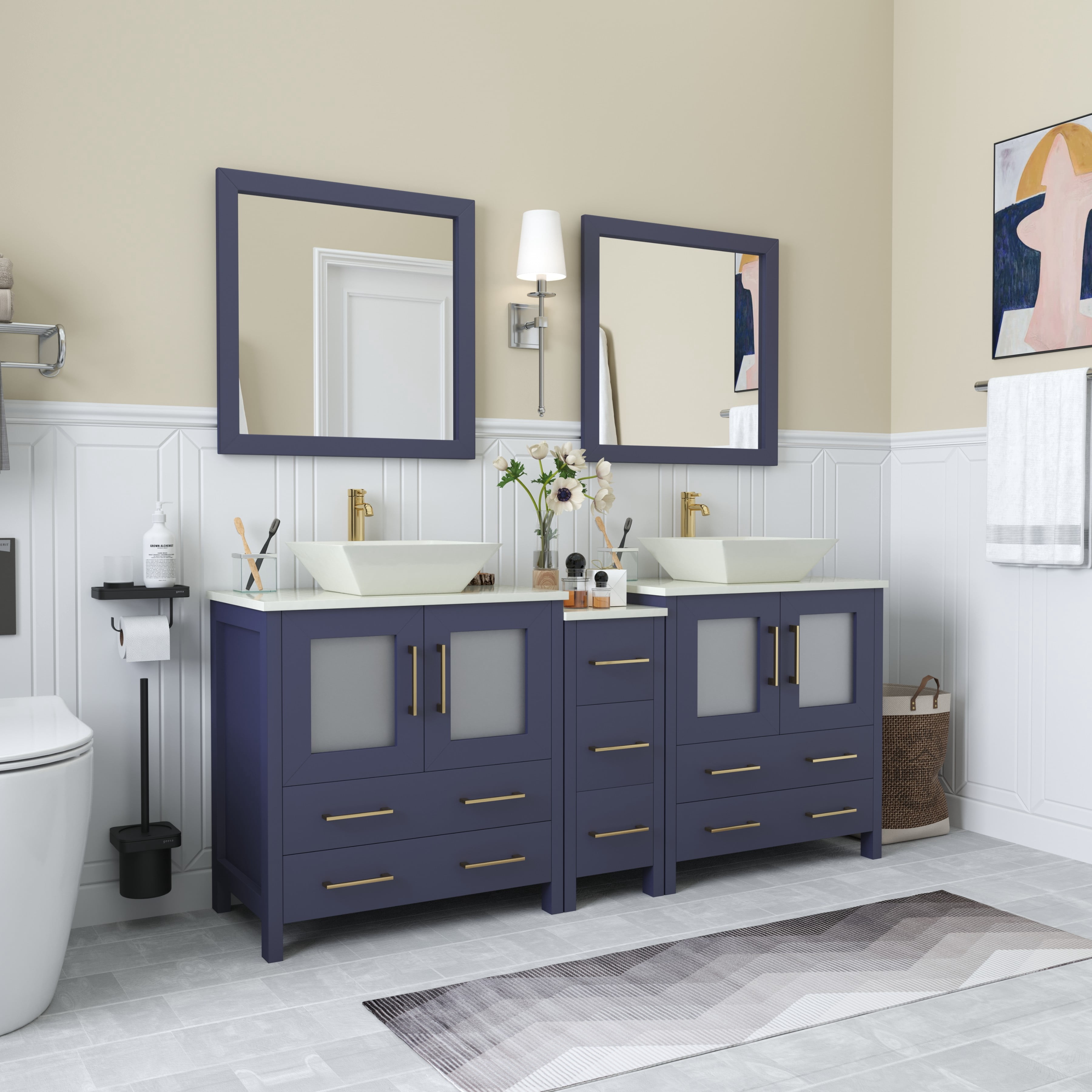 Vanity Art 72" Double Sink Bathroom Vanity Set with Engineered Marble Top and Free Mirrors