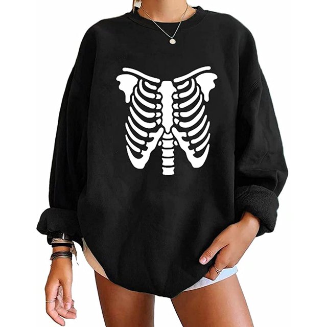 Pullovers d'Halloween pour Femmes Manches Longues Chandails en Molleton Squelette Drôle Citrouille