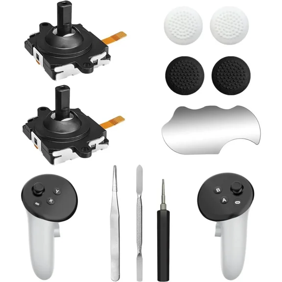 Joystick Replacement Kit for Meta Quest 3 / Quest 2 Controllers 2× Analog Thumb Sticks 4× Thumbstick Caps with Tools Compatible Quest 3/2 Accessories for Left/Right Controller Repair