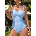 thumbnail image 5 of DOKOTOO Womens Bathing Suits Striped Tummy Control High Cut One Piece Swimsuits with Pleated Trim Sky Blue Striped M US8-10, 5 of 10