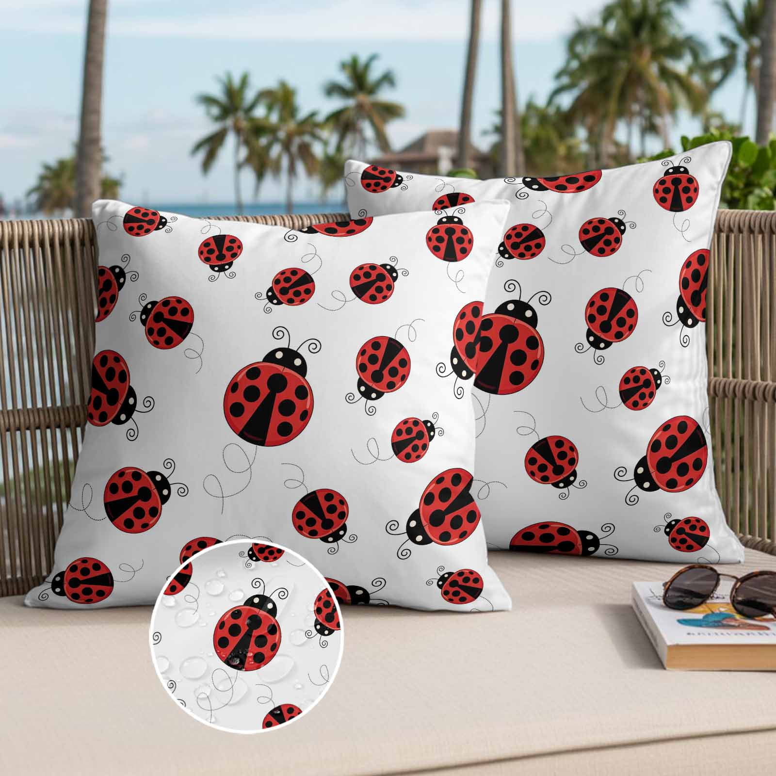 Outdoor Throw Pillows Covers 16x16inx2 Set Of 2 Waterproof Red Ladybug Decorative Zippered Cushion Covers for Patio Furniture, Red Black Polka Dot Lumbar Pillowcases,