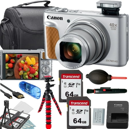 Canon PowerShot SX740 HS Digital Camera (Silver)+2x64GB Memory Card+Camera Shoulder Bag+Flex SpiderTripod+Deluxe Accessory Bundle