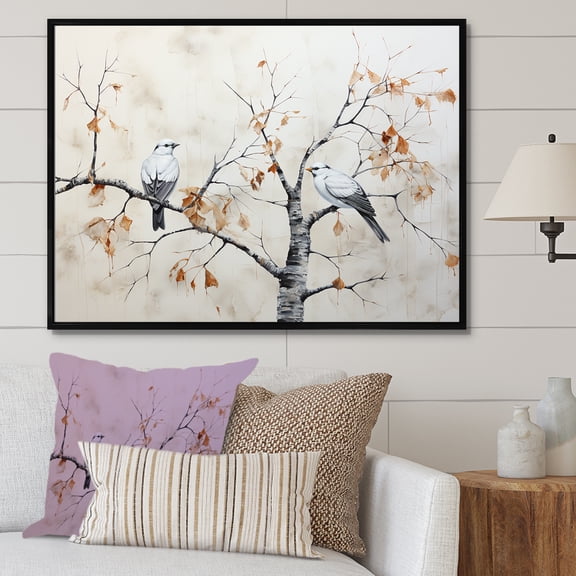 Designart "Birch And Bird Minimalist Scene" Tree Birch Floater Framed Wall Art Prints