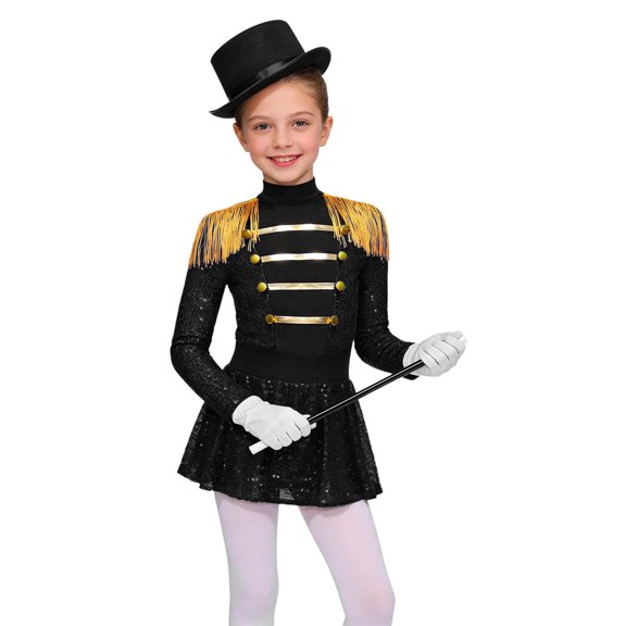 Aislor Girls Circus Ringmaster Jumpsuit Shiny Sequins Performance Leotard Dress Magician Outfits Black 16