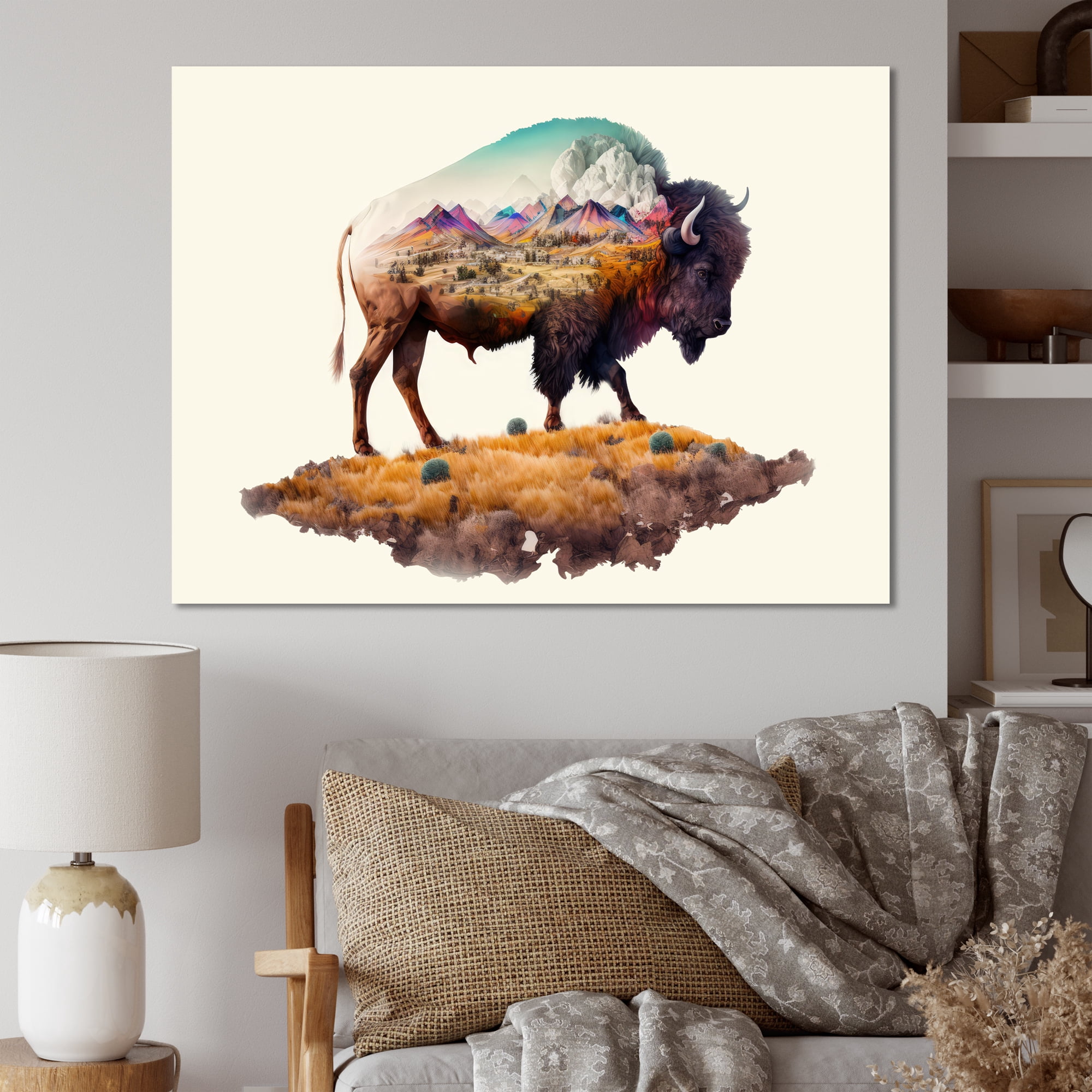 Designart Double Exposure Of A Buffalo With Nevada Landscape III Canvas Wall Art