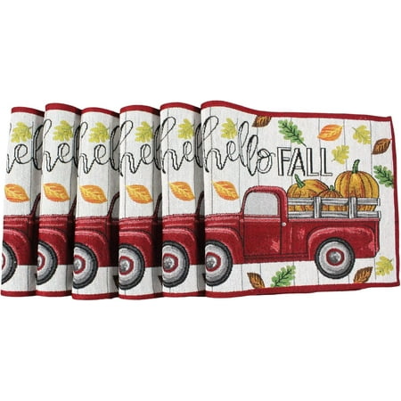 

Fall Farmhouse Red Truck and Pumpkins Placemats Hello Fall Set of Six (6) Colorful Tapestry Weave Fabric for Holiday s Thanksgiving Autumn and Fall