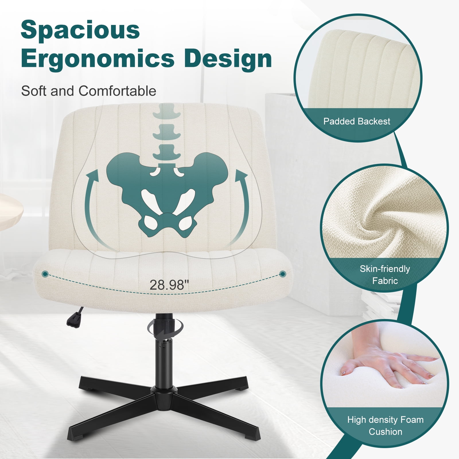 JIOABL Criss Cross Chair with Wheels,Wide Seat Ergonomic Desk Chair,U Shaped Backrest,Height Adjustable Armless Swivel Chair for Home Office,Vanity & Living Room,Linen Beige