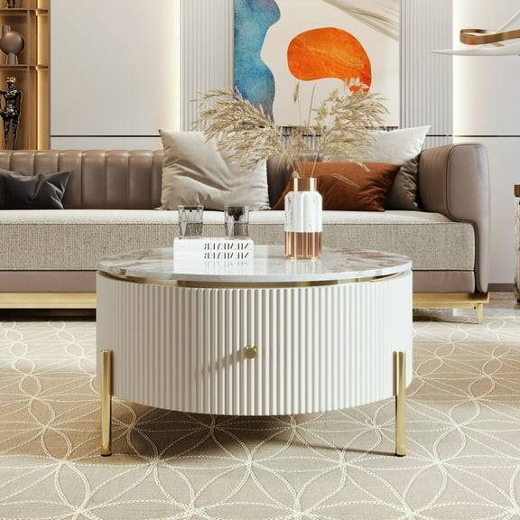 Modern Round Coffee Table, 31.5" Coffee Table with 2 Large Drawers, Storage Accent Table with Golden Legs for Living Room