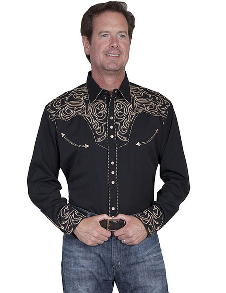 Scully Western Mens Shirt Long Sleeve Floral Embroidery Tooled Black P-633