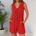 thumbnail image 2 of DHFJKG Womens Summer Romper V Neck Solid Solor Sleeveless Pleated Shorts Straight Leg Trousers With Pockets Beach Vacation Clothes Stylish Onesie, 2 of 7