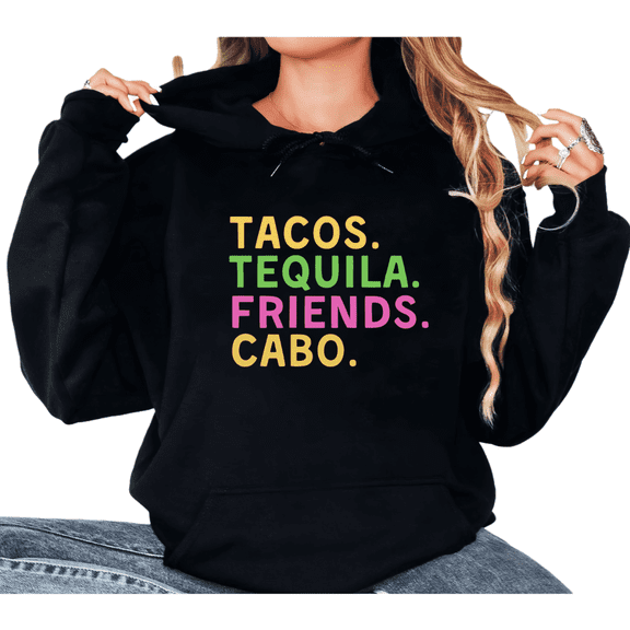 Women's "Tacos Tequila Friends Cabo" Graphic Comfortable Hoodie Top Casual Breathable Hooded long-sleeved Black S-2XL