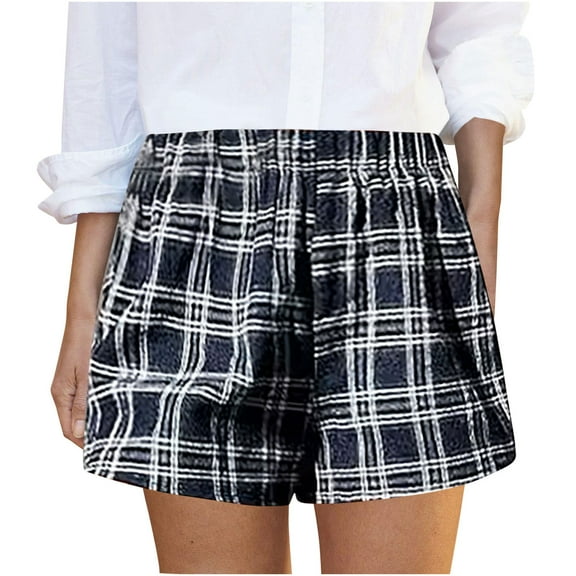 LEBONYARD Womens Shorts with Pockets,Women's Shorts for a Fresh and Modern Style,Women's Casual Comfortable Loose Wide Leg Flowing Elastic Waist PlaidC Trendy Shorts Black S