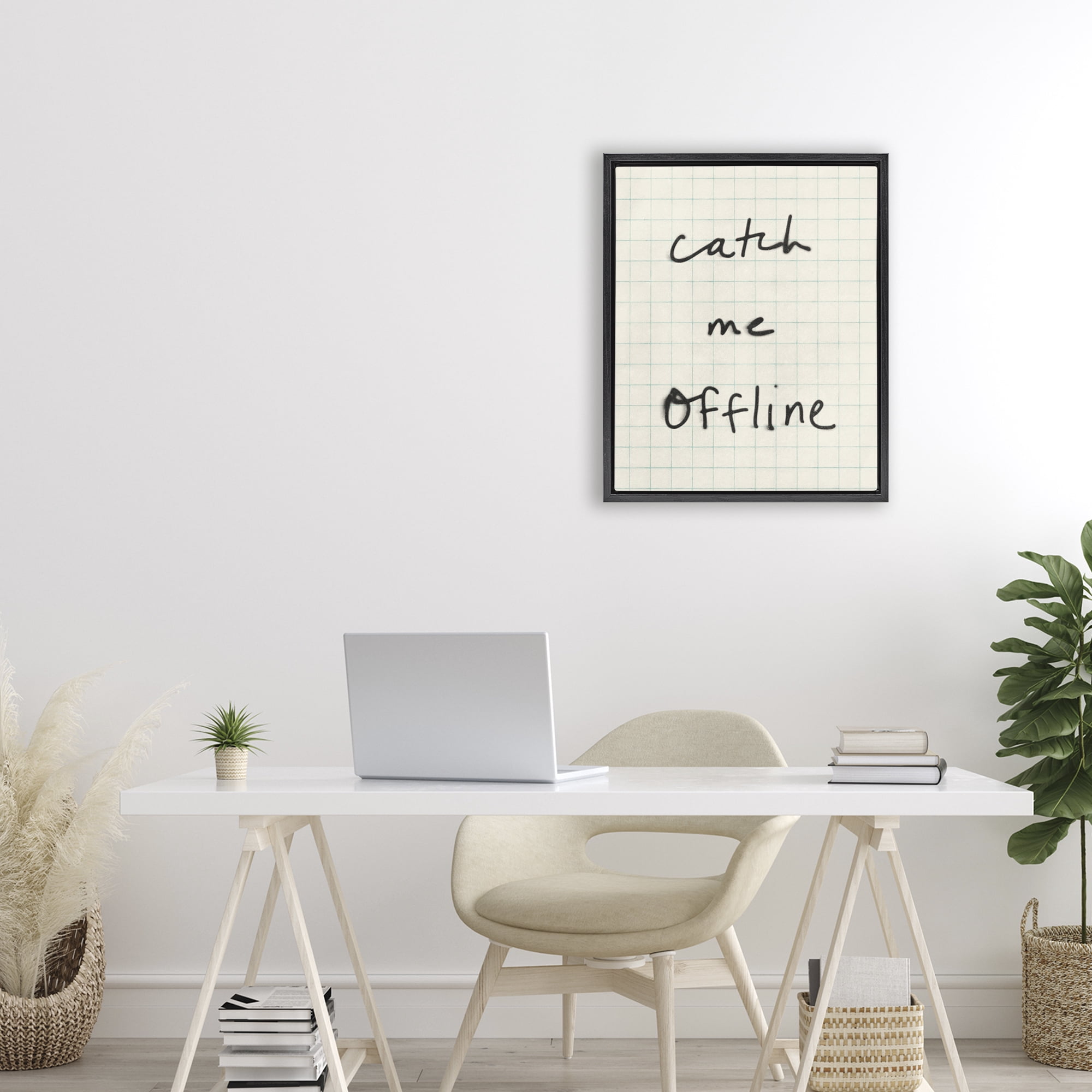 Stupell Industries Catch Me Offline Scrawl Black Framed Floater Canvas Wall Art, design by Victoria Barnes