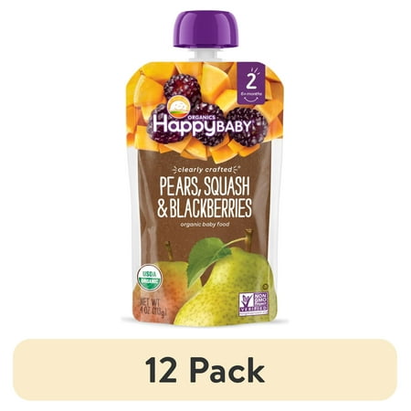(12 pack) Happy Baby Clearly Crafted, Stage 2 Pears, Squash & Blackberries Organic Baby Food, 4 oz. Pouch