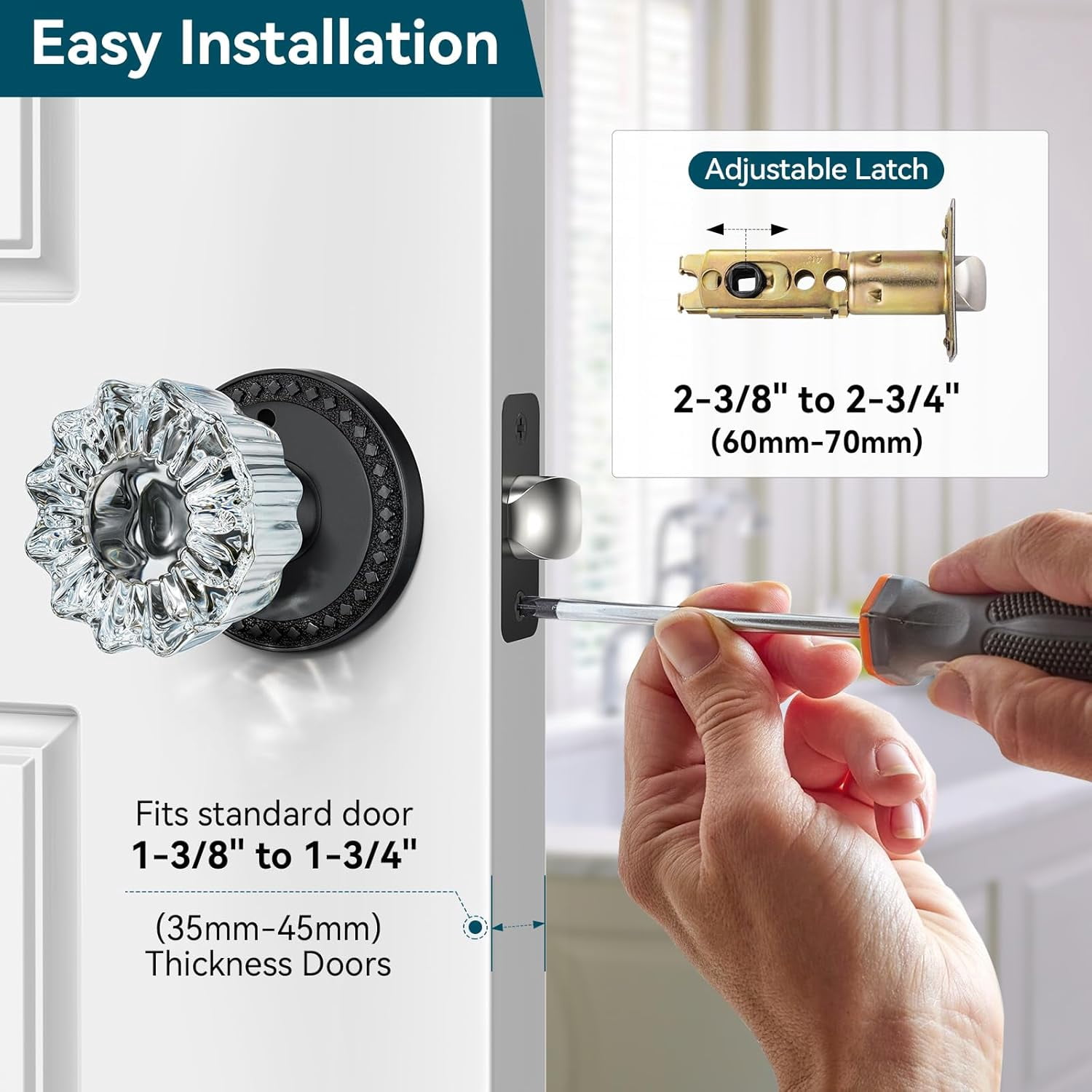 Scifil Vintage Crystal Glass Door Knob with Privacy Lock - Antique Interior Glass Knobs for Doors, Matte Black Door Handle for Bathroom/Bedroom- Adjustable Latch, 1 Pack
