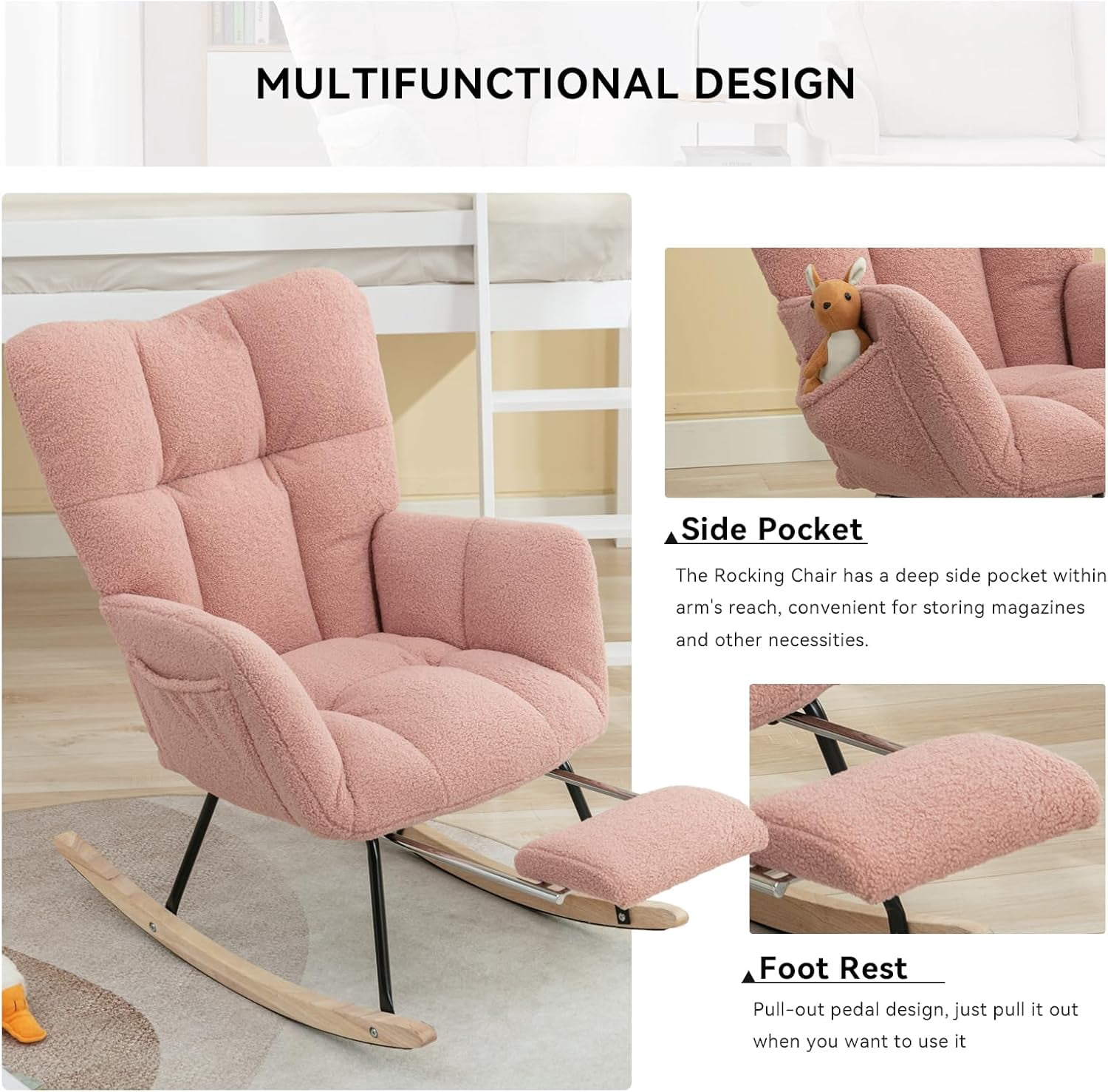 Rocking Chair Nursery Teddy Upholstered Glider Rocker High Backrest Nursery Rocker Comfortable Armchair