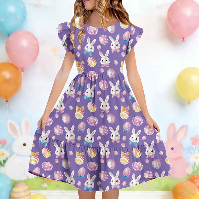 EGNMCR Robe à Manches Courtes Col Rond Robe d'Été pour Enfants à Manches Plissées Double Couche Imprimée pour Enfants de 5 à 14 Ans