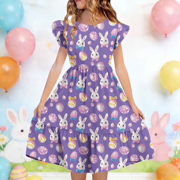 DAETIROS Girls Easter Dress Bunny & Egg Print Ruffle Tiered Dress Soft Stretchy Fabric Multicolor A-Line Knee Length for Kids Ages 5-14 Years,Size 13 T